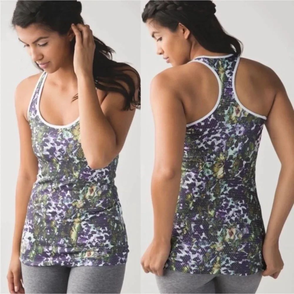 Lululemon CoolโRacerback tank top, "Floral Sport White Multi-Color" pattern sz 4